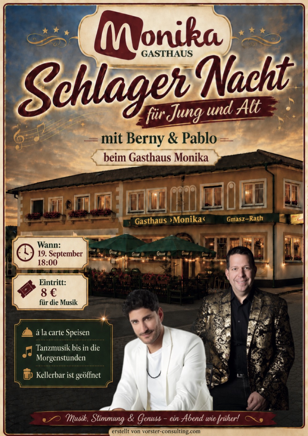 Flyer: Schlager Nacht mit Berny und Pablo am 19. September 2026 ab 18:00, Eintritt 8 € für die Musik